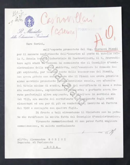 Lettera con Autografo del Ministro dell'Educazione Giuseppe Bottai - 1937
