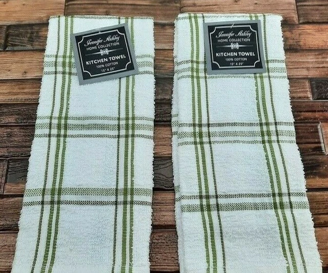 JALux Collection Kitchen Towel Set of 2 Green Plaid 100% Cotton Dish Hand Towels