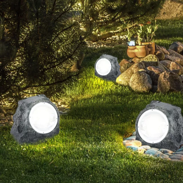 3er Set Garten LED Außen Solar Lampe Design Stein Beleuchtung Weg Leuchte Hof