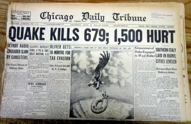2 1930 headline display newspapers IRPINIA EARTHQUAKE DISASTER Italy kills 1400