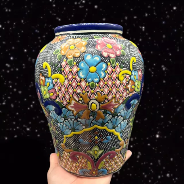 Mexico Talavera Vase Folk Art Pottery Vessel Signed Zepeda Puebla
