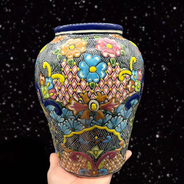 Mexico Talavera Vase Folk Art Pottery Vessel Signed Zepeda Puebla