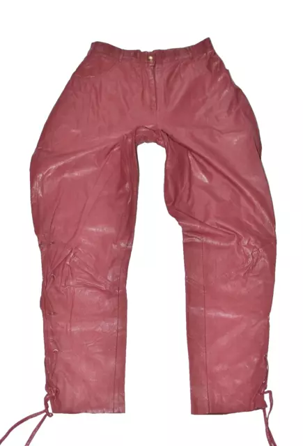 YORN Women's Real Leather 70s Biker Retro Red Pants Trousers Size W25" L27"