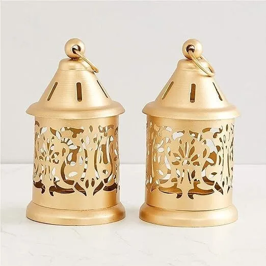 Par de linternas de metal vintage con acabado dorado con luz de té 2 piezas
