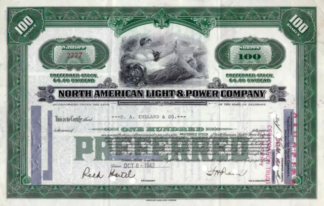 North American Light & Power Company, Delaware, 1942 (100 Shares Preferred)