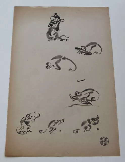 Dessin Gustave Guetant (1873-1953) étude singe encre de chine art déco env 1920
