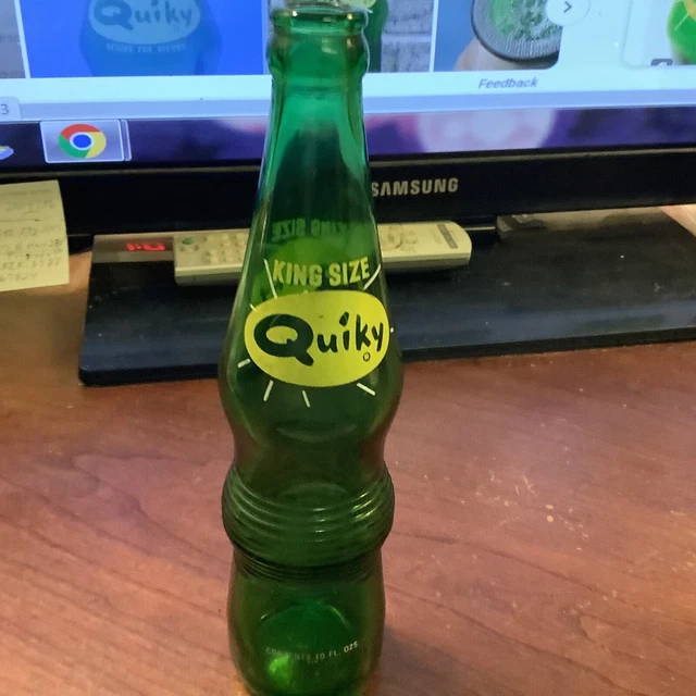 VINTAGE KING SIZE Quiky Soda Pop Bottle 10 Oz Ribbed Green Glass Yellow