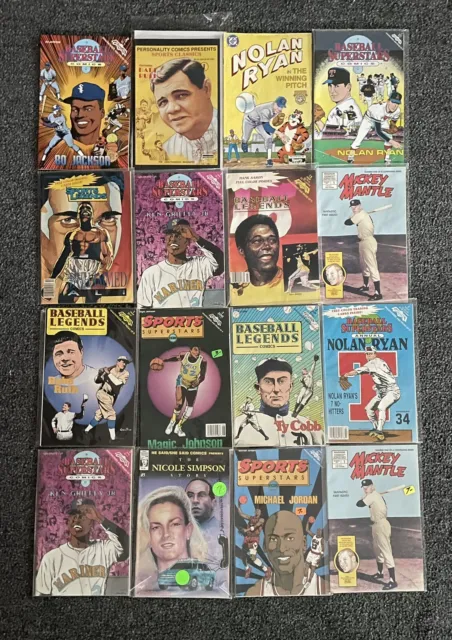 Sports Superstars Lot Of 16 Comics BO Jackson Mickey Mantle Babe Ruth + More !!