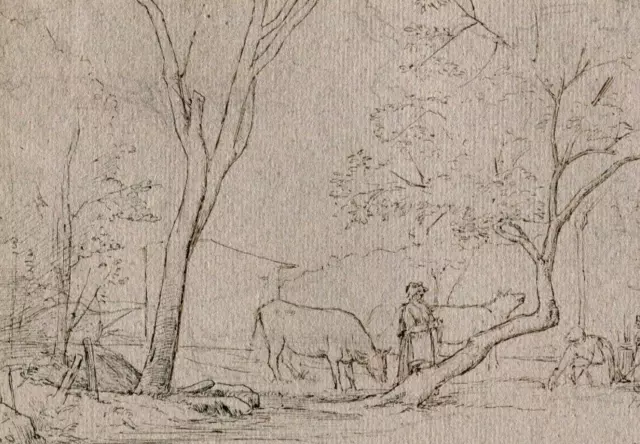 Dibujo original antiguo firmado Henri DUBOUCHET (1833-1909) Paisaje y granjero