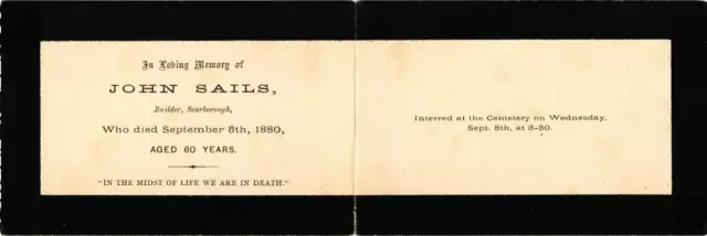 US Victorian 1880 Remembrance Mourning Card -John Sails of Scarborough -Foldable