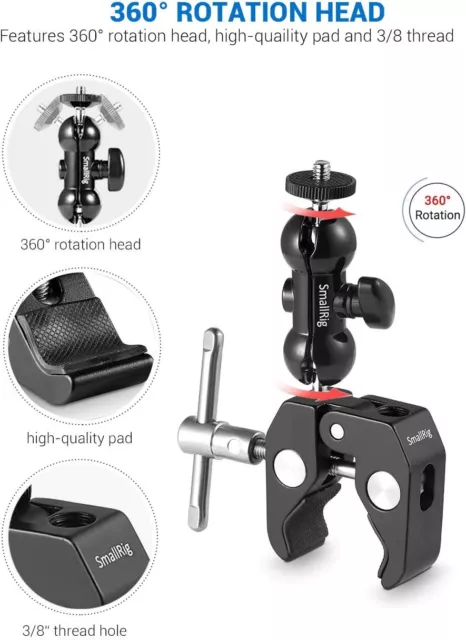 SmallRig Cool Ballhead Arm Super Clamp Mount Multi-Function Double Ball Adapter 3