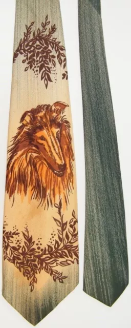 Vtg 40S 50S A Handpainted Original Green Brn Collie Lassie Dog Necktie Neck Tie 3