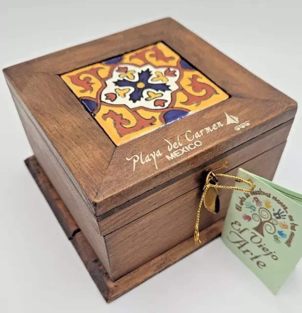 El Viejo Arte Playa Del Carmen Mexico Wood Talavera Tile Inlay Trinket Box New
