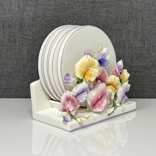 Shudehill Giftware 4x Ceramic Coasters Flower Design + Stand/Holder | Boxed 2