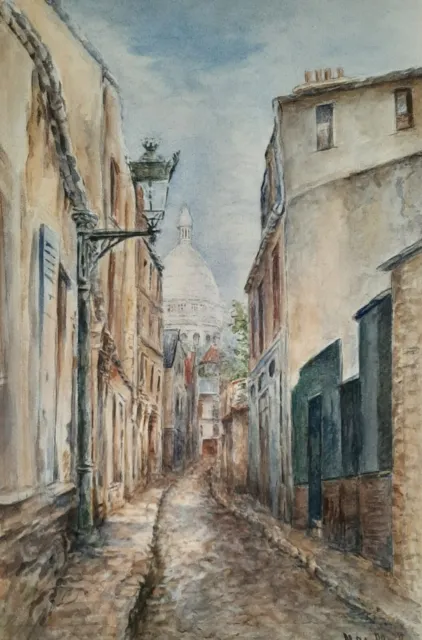 Aquarelle signée Vue ruelle Montmartre Paris 27 x 18 cms