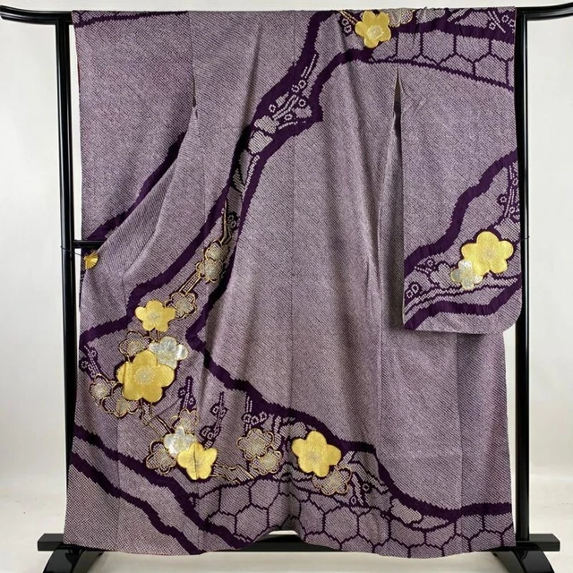 Woman Japanese Kimono Furisode Silk PlumBlossom Shibori Gold Silver Thread Purpl