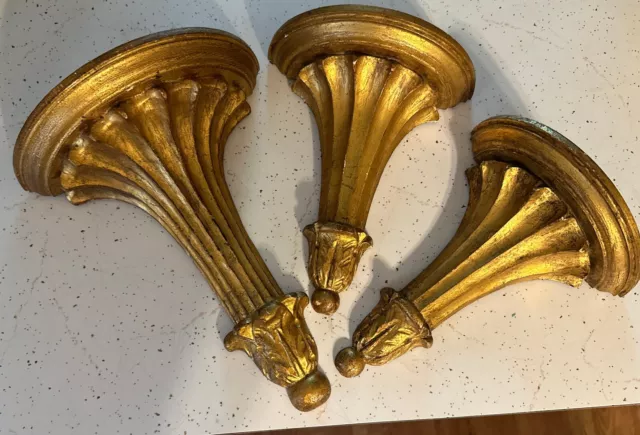 Set Vintage Gold Gilt Florentine Hand Carved Wood Wall Shelves/Sconces, Italy