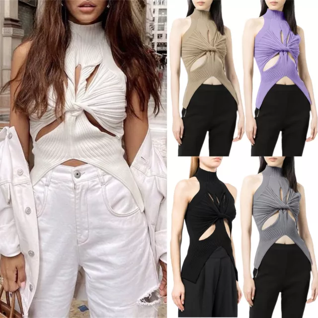 Women Hollow Out Twist Front Knitted Tank Tops Sleeveless High Neck Sweater Vest