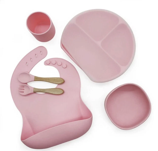 Juego De Destete De Silicona Babero Plato De Succión Cuchara Taza Alimento