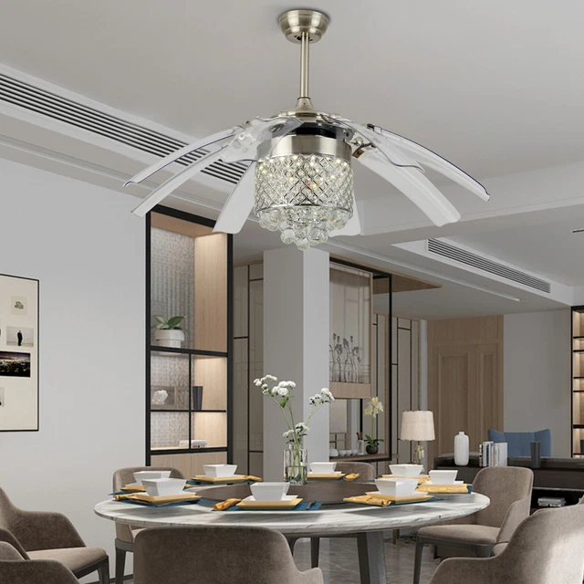 Crystal Ceiling Fan Light Chandelier Retractable 8 Blades and Remote Control