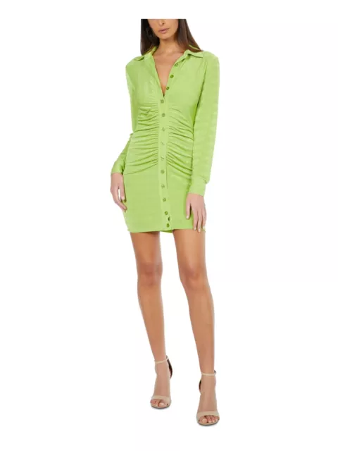 BEBE Womens Green Long Sleeve Point Collar Mini Party Shirt Dress Juniors L