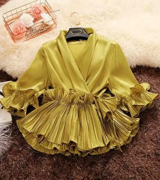 Womens Korean Chic V Neck Chiffon Tops Sweet Pleated Dating Blouses Slim Shirt