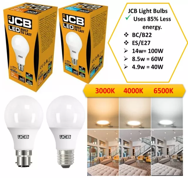 ENERGIESPARENDE JCB LED GLS LICHT Glühbirnen 4,9w = 40w 8,5W = 60W 14W = 100W BC B22 ES E27