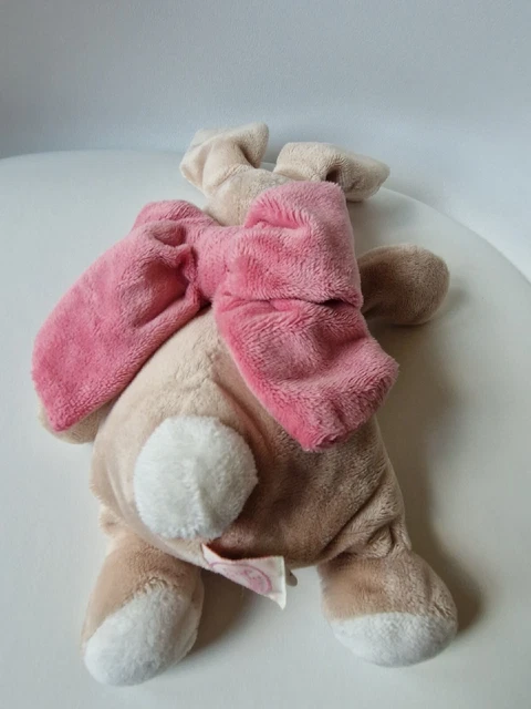 DOUDOU PELUCHE NOUKIE'S LAPIN BLANC BEIGE NOEUD FLEUR ROSE 21c NEUF* 2