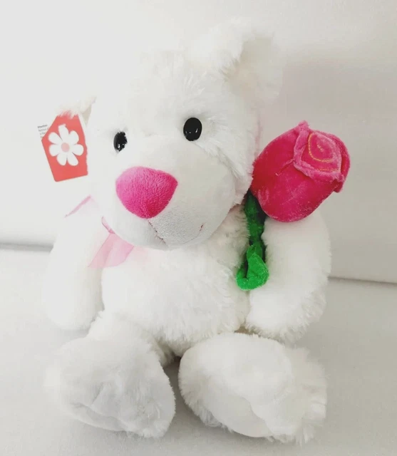 DAN DEE Walmart White Teddy Bear Plush Holding Pink Rose 12" Sitting Stuffed Toy