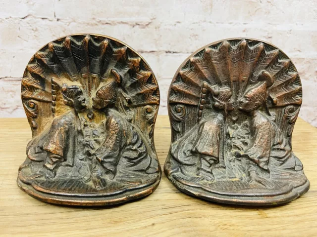 Vintage Asian Buddhist Man Woman Bookends Brass Worn Patina LOVELY