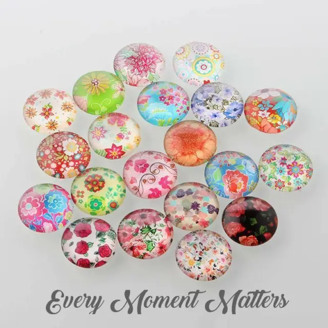 10 x CABOCHONS MIXED FLOWER PRINTED GLASS FLAT BACK ROUND Sold In Pairs 12mm