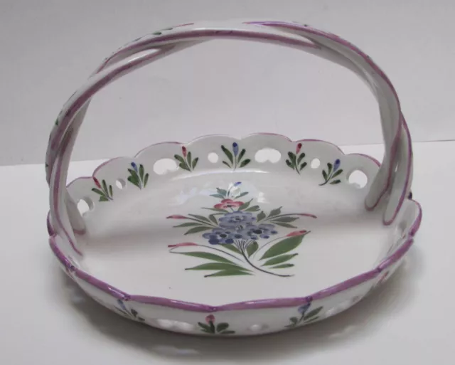 Pottery Handled Basket with Floral Design, Made in Portugal Hand Painted RCCL