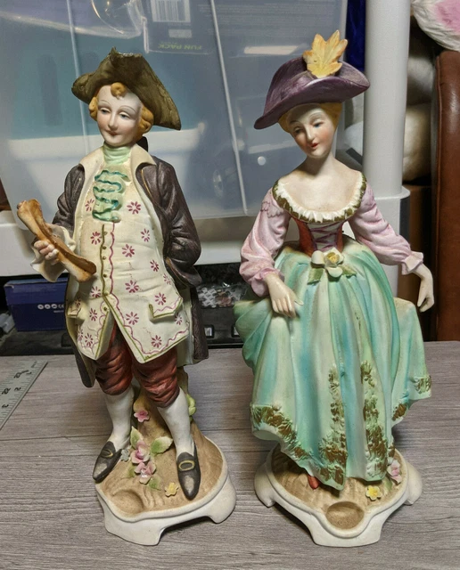 Set of 2 Vintage 10.5" Victorian Porcelain Ceramic Man Woman Figurine Statues