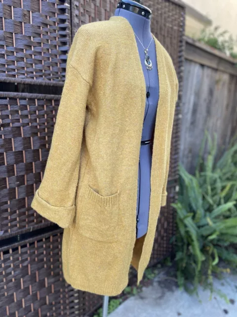 Mustard yellow Long Duster Cardigan sweater warm slouchy soft S M stretch brown