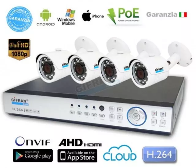 Kit NVR Videosorveglianza 4 canali IP 1080P H.264 VGA, POE Full D1 HD 1000 GB