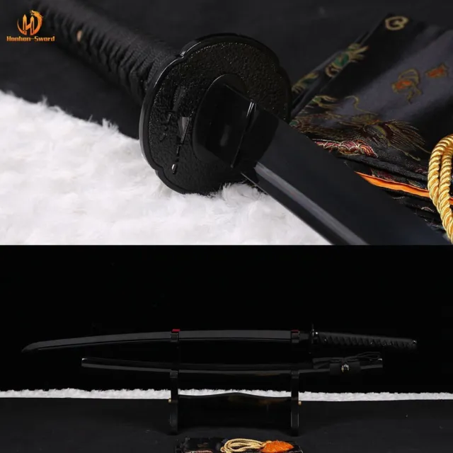 Japanese Samurai Katana Full Tang 9260 Spring Steel Handmade Sword All Black