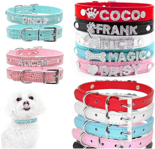 Personalised Dog Cat Collar Pet NAME PU Leather Rhinestone Diamante Bling Gift