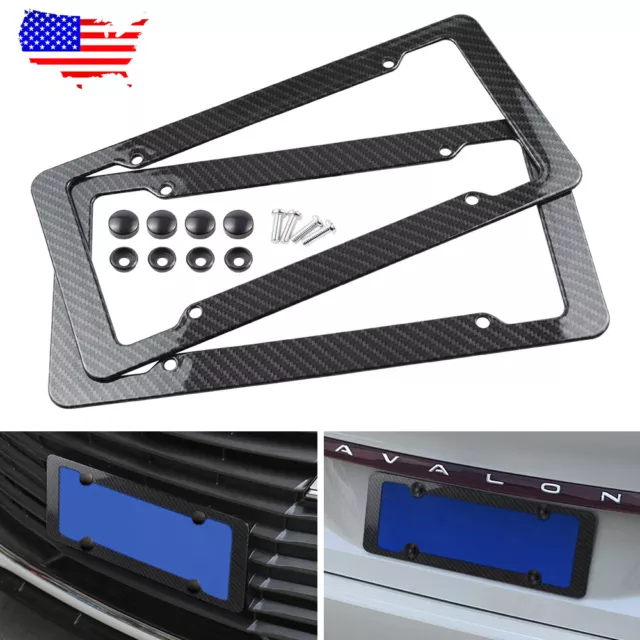 2pc Car Auto Plastic Carbon Fiber License Plate Holder Frame Universal Black Set
