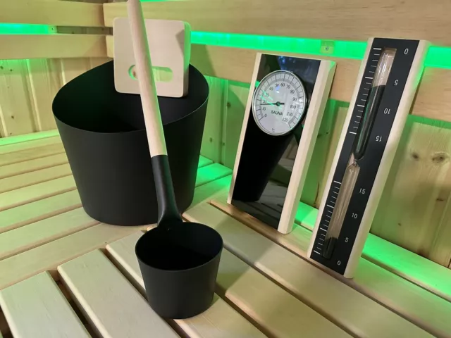 Sauna Aufgusseimer schwarz 4 teilig Sanduhr Thermometer Eimer Set