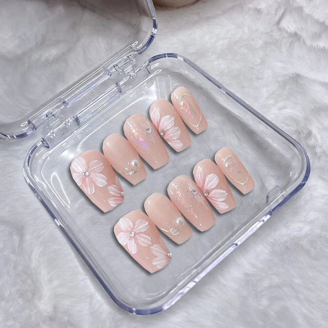 Hecho a mano Flores de uñas falsas Ataúd rosa Prensa sobre uñas para decoración artística de uñas 10 PIEZAS