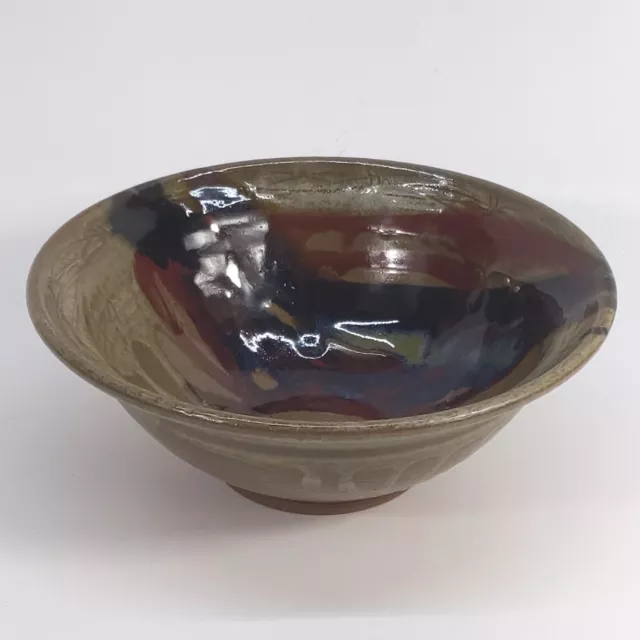 Studio Art Pottery Bowl Drip Glazed Artist Signed Rustic Earth Tones 8" Artisan