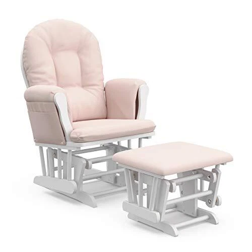 Storkcraft Premium Hoop Glider and Ottoman (White Base, Pink Cushion) – Padded