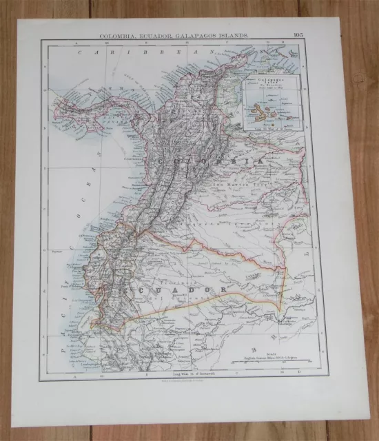 1896 Antique Map Of Colombia Panama Ecuador Verso Venezuela Guyana South America