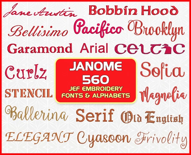 560 JEF MACHINE Embroidery Fonts, Alphabets & Motifs for Janome ...
