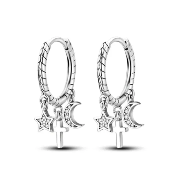 Women's 925 Sterling Silver Round Shape with Cross Moon & Star Hoop Earrings