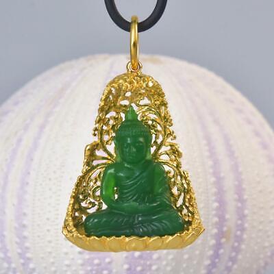 Buddha Image Gold Vermeil Sterling Bodhi Tree Green Chalcedony Pendant 13.16 g