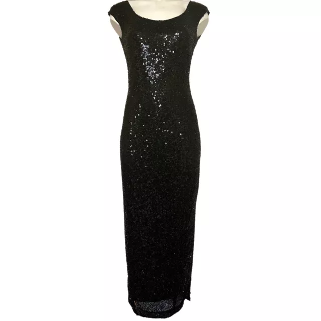 Carmen Marc Valvo Sequin Beaded Formal Black Dress Long Evening Gown Silk Size 4