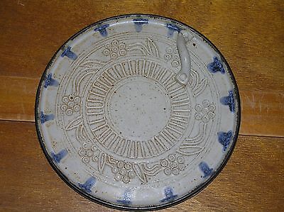 Rita Signed Blue & Cream with Impressed Center Pottery Cheese Plate with Small