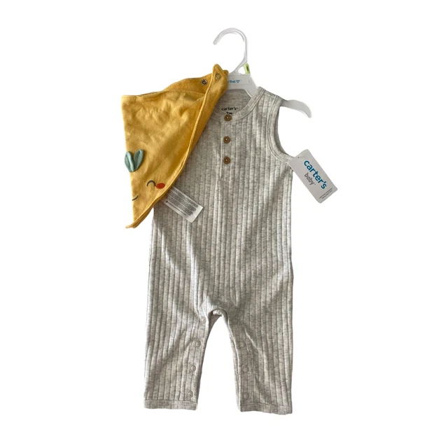 Carter's Toddler Girls Jumpsuit Bandana Bib Set Gray Textured Snap Crew 3 M New