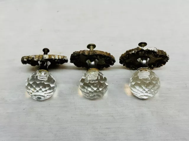 Vintage Glass Prism Cabinet Drawer Handles Pulls Lot Of 3 With Hardware
